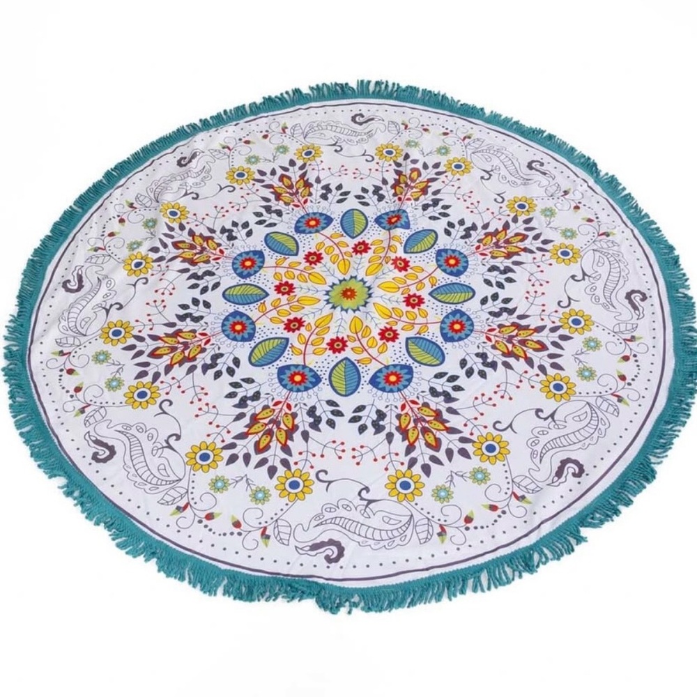 Round Fringe Beach Towel with Colorful Floral Mandala - Picture 3 of 6